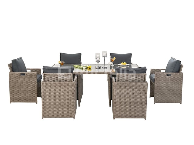 Diningset 11 delig - beige wicker + antraciete kussens - stoelen + eettafel 200x125 cm – foto 6 – kavel bij Auctelia, Tholen