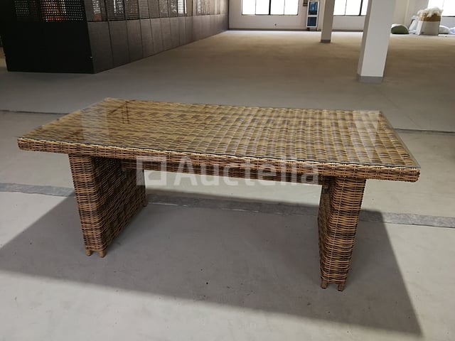 Diningset 7-delig - halfrond wicker - Bruin / grijze kussens - glazen tafelblad – foto 2 – kavel bij Auctelia, Tholen