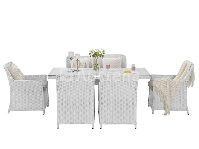 Diningset 7-delig - halfrond wicker - Wit / grijze kussens - glazen tafelblad – foto 2 – kavel bij Auctelia, Tholen