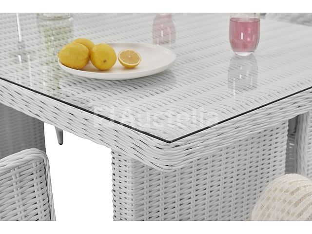 Diningset 7-delig - halfrond wicker - Wit / grijze kussens - glazen tafelblad – foto 3 – kavel bij Auctelia, Tholen