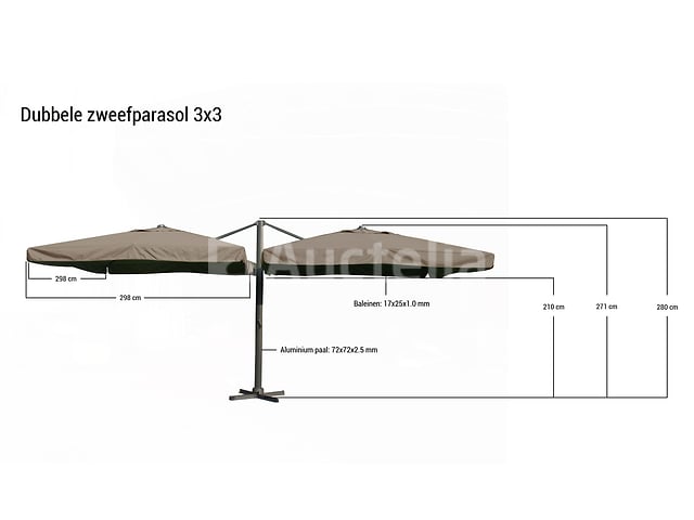 Dubbele hangende parasol Taupe / sandy (2 * 300x300cm) – foto 2 – kavel bij Auctelia, Tholen