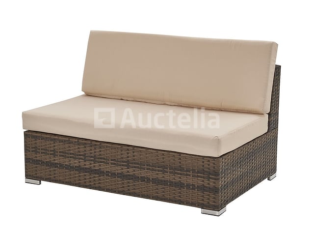 Loungeset met 2 hoekbanken - Bruin wicker + zandkleurige kussens - inclusief parasol – foto 6 – kavel bij Auctelia, Tholen