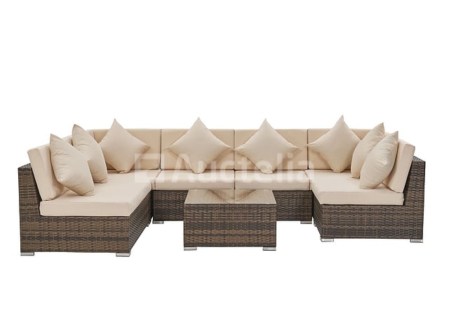 Loungeset met 2 hoekbanken - Bruin wicker + zandkleurige kussens - inclusief parasol – foto 3 – kavel bij Auctelia, Tholen