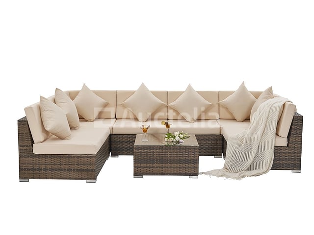 Loungeset met 2 hoekbanken - Bruin wicker + zandkleurige kussens - inclusief parasol – foto 5 – kavel bij Auctelia, Tholen