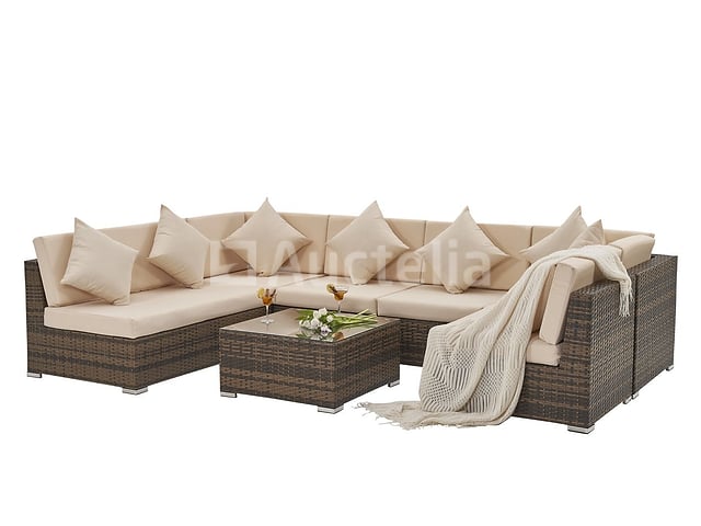 Loungeset met 2 hoekbanken - Bruin wicker + zandkleurige kussens - inclusief parasol – foto 4 – kavel bij Auctelia, Tholen