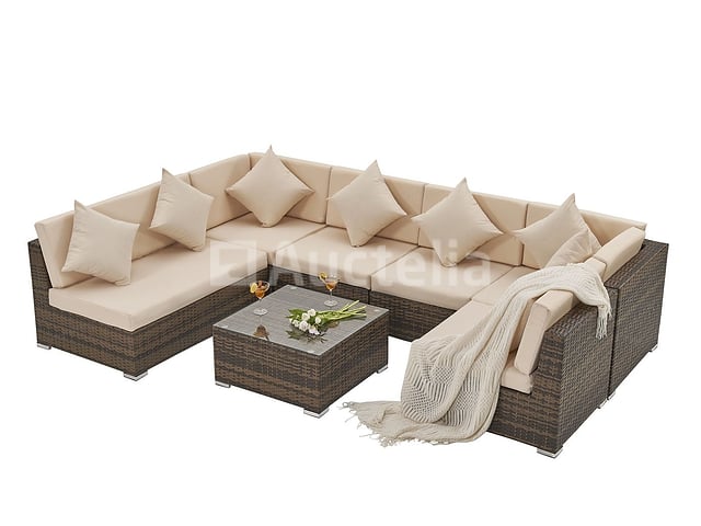 Loungeset met 2 hoekbanken - Bruin wicker + zandkleurige kussens - inclusief parasol – foto 2 – kavel bij Auctelia, Tholen