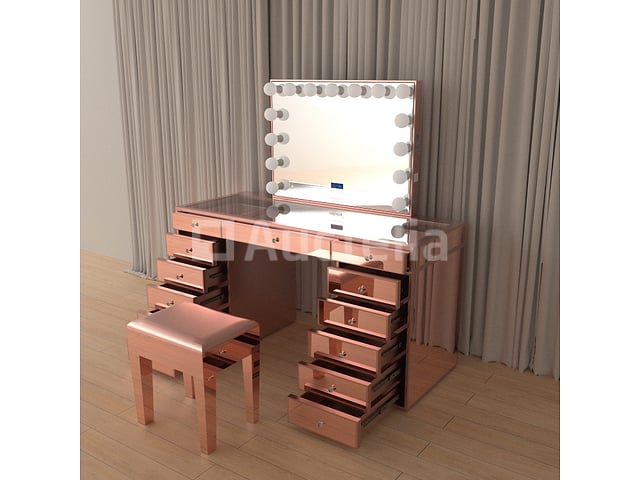 Luxe kaptafel met verlichting - 1500x600x810mm - Hoogglans roze - Incl. krukje – foto 2 – kavel bij Auctelia, Tholen