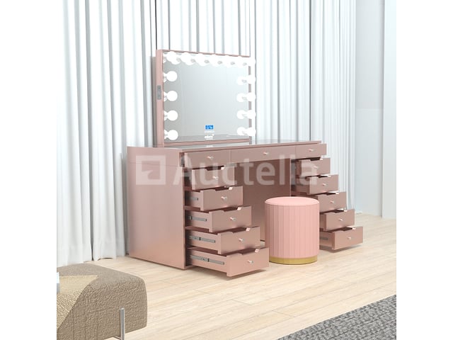Luxe kaptafel met verlichting - 1500x600x810mm - Roze - Incl. poef – foto 4 – kavel bij Auctelia, Tholen